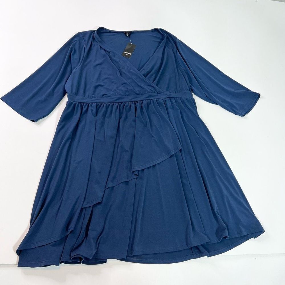 Torrid Dress Womens 3X Wrap Navy Blue Kneed Length Long Sleeve New Waistband